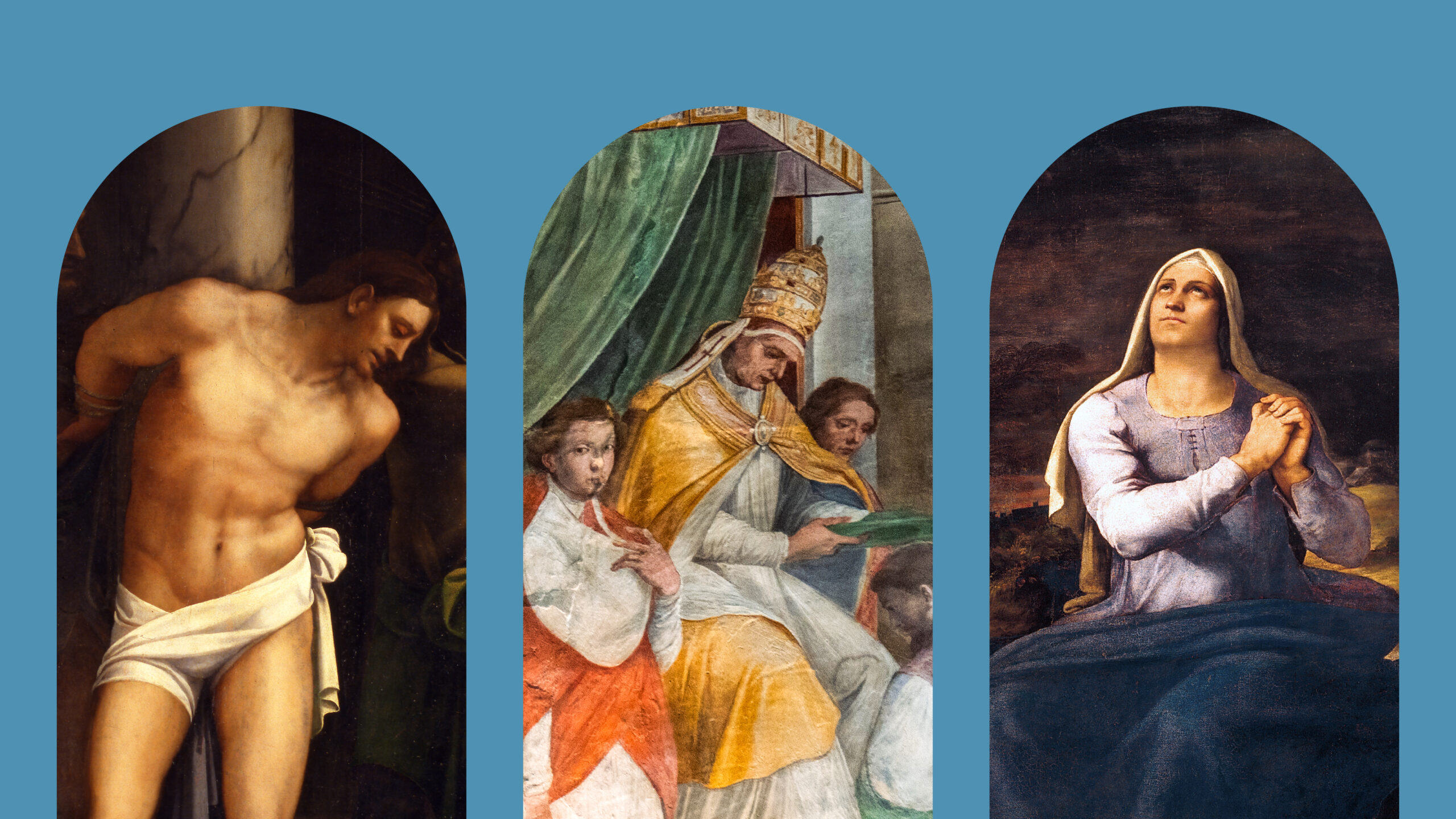 Tre archi con all'interno immagini di dipinti presenti nel museo e nel piano nobile